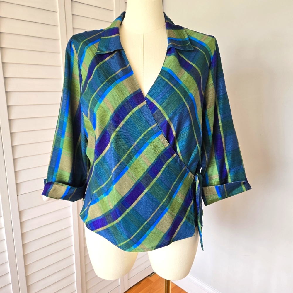 Selene Sport Stripe Wrap Blouse Womens L Retro Y2K Aesthetic Vibrant Jewel Tones